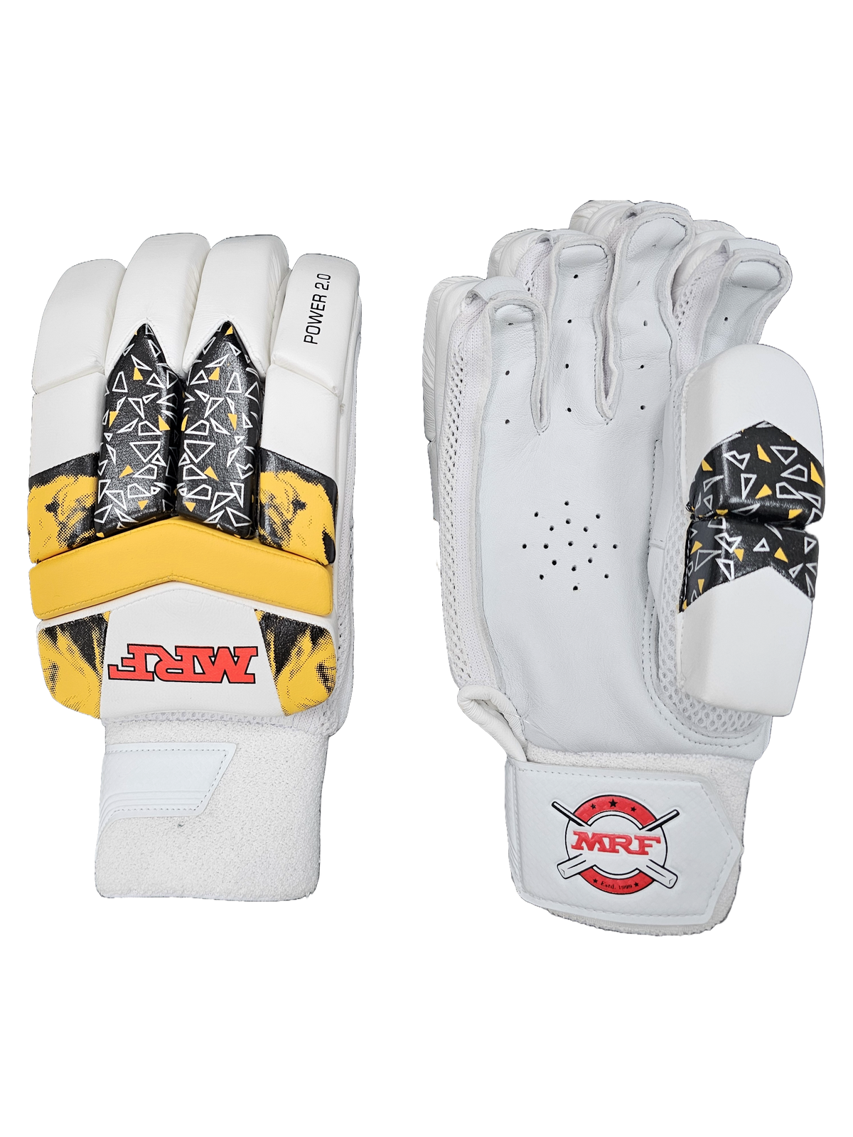 A pair of white MRF brand cricket gloves shown from both the back and front views against a plain white background.