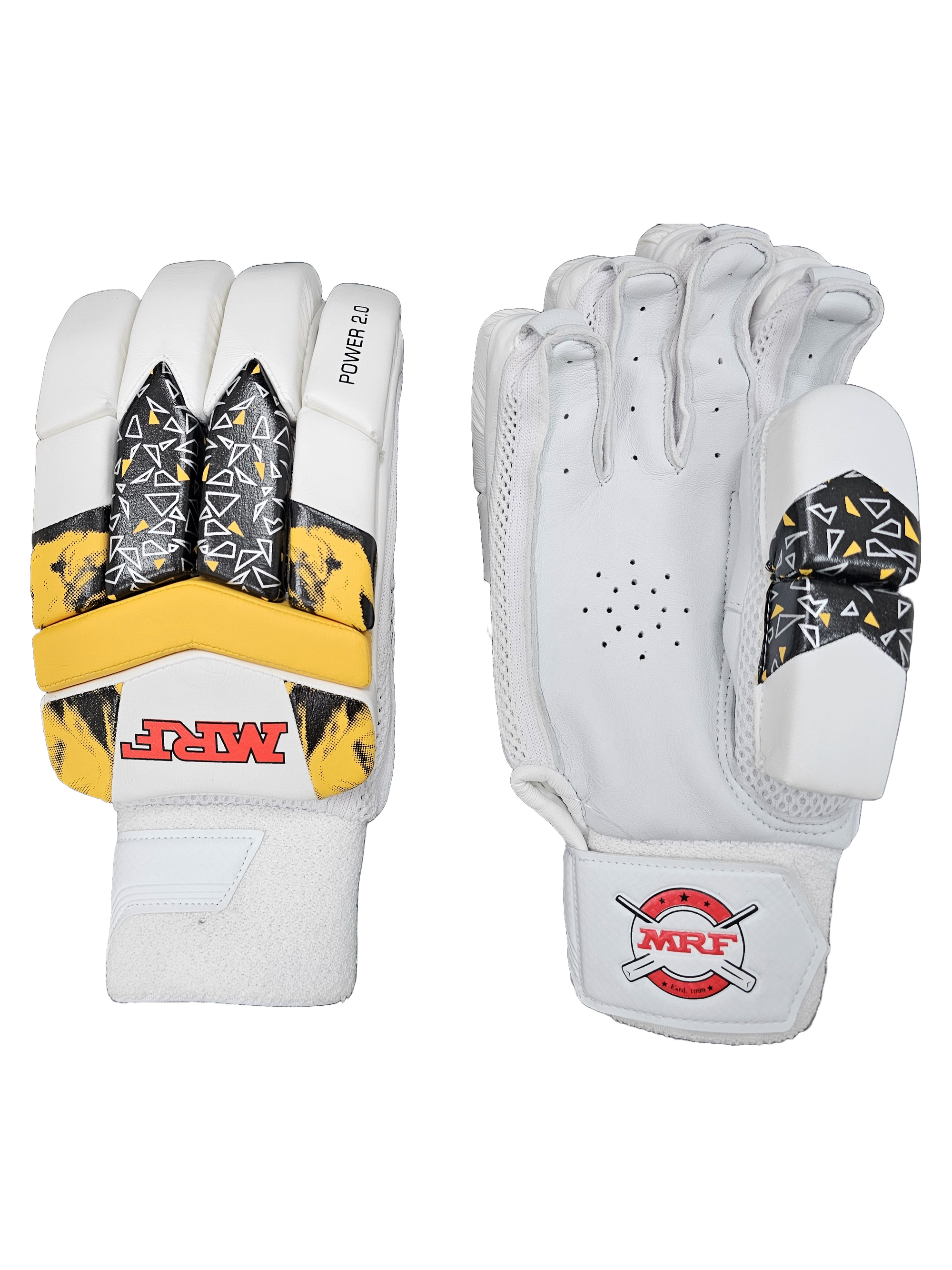 A pair of white MRF brand cricket gloves shown from both the back and front views against a plain white background.