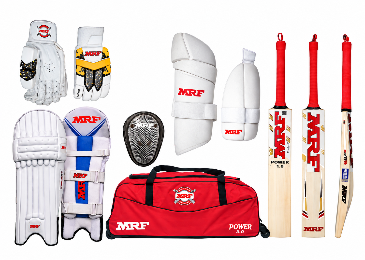 A collection of MRF brand cricket gear arranged on a white background, including batting gloves, pads, shin guards, a wicketkeeper's pad, two cricket bats, and a red carrying bag.